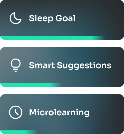 Three feature cards labeled Sleep Goal, Smart Suggestions, and Microlearning, symbolizing a personalized approach to health improvement through daily habits and education.